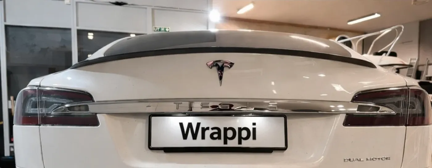 Tesla Model S bakfra med kromlister